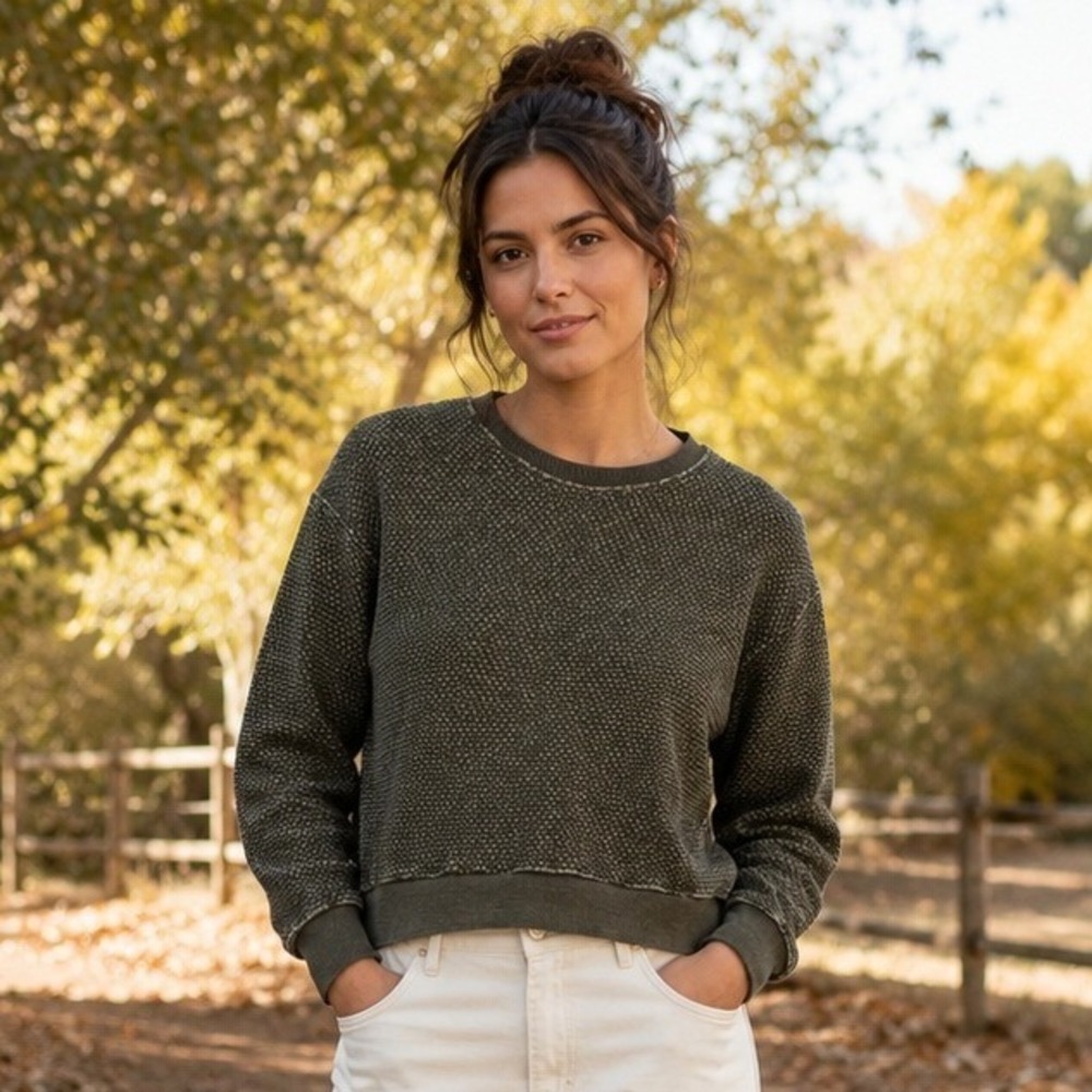 Marine Layer Womens Birdseye Sweatshirt S Olive Green Textured Knit Pullover